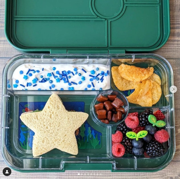A bento box lunch with star sandwich and sides in a story about school lunch ideas.