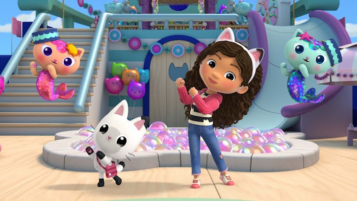 Gabby and her friends dance on the deck of the S.S. Mercat in Season 8 of 'Gabby's Dollhouse.'