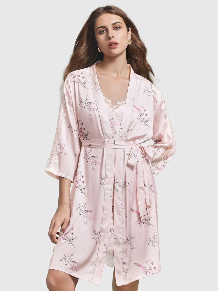Floral Print Eyelash Lace Panel Belted Satin Robe Without Nightdress