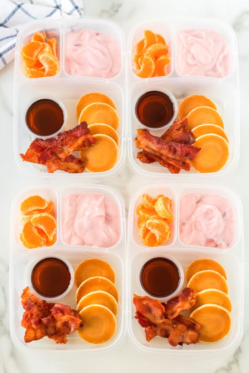 Pancake and bacon breakfast boxes in a story about school lunch ideas.