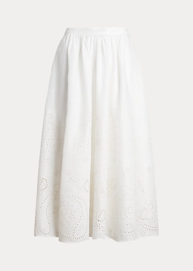 Eyelet Linen Midi Skirt