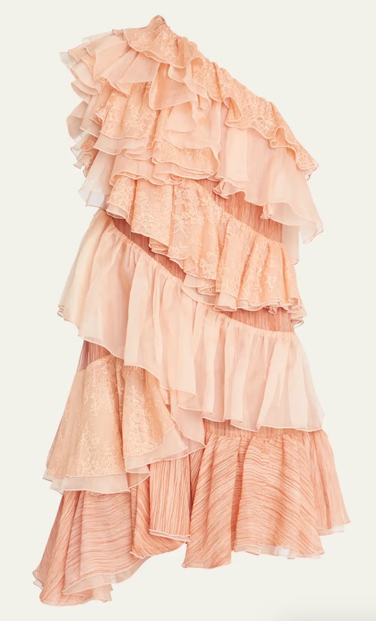 coral ruffle one-shoulder dress