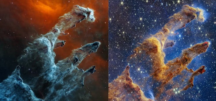 Side by side views of the Pillars of Creation. Columns of dust and gas stretch upwards and towards t...