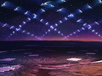 Above a dark horizon are criss-crossing flight paths filled with satellites at different moments in ...