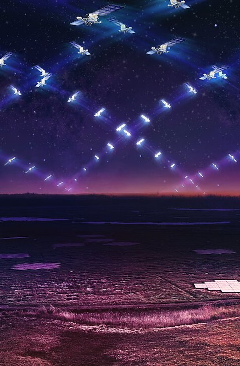 Above a dark horizon are criss-crossing flight paths filled with satellites at different moments in ...