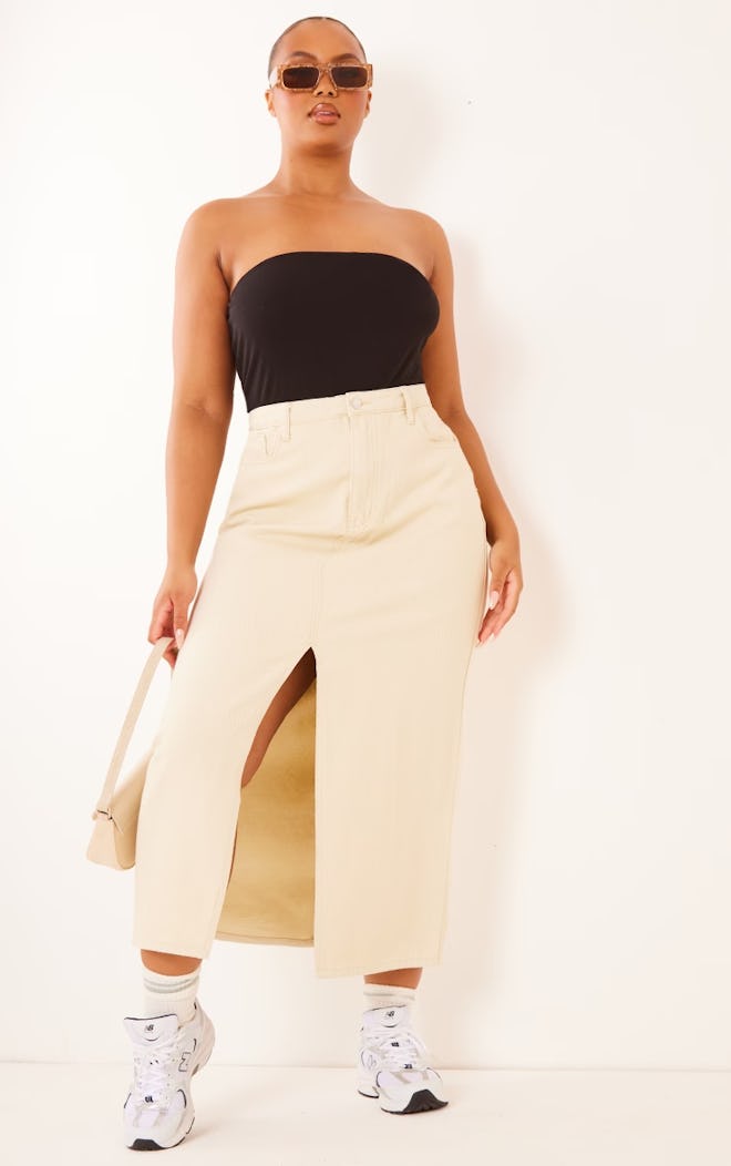 Plus Cream Split Front Denim Maxi Skirt