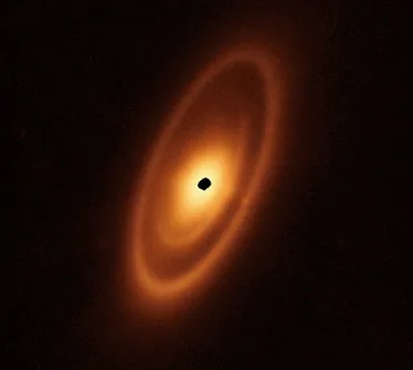 A disk with rings inside is ultra-bright in the middle but within that concentration of light is fai...