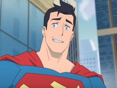 Clark Kent/Superman smiles nervously in 'My Adventures with Superman' Season 1