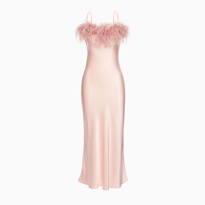 Boheme Slip Dress with Feathers in Dust Pink