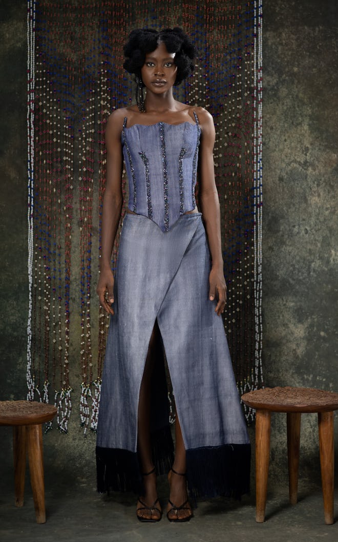 Akwete Denim V Skirt With Fringe Details