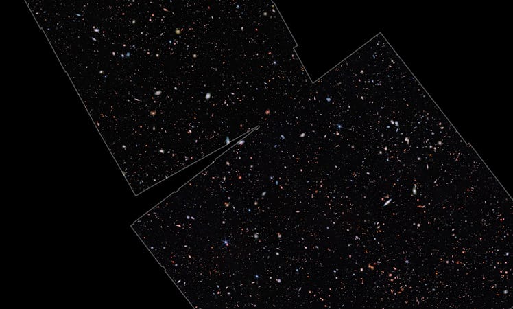 Galaxies of different sizes are visible throughout the middle portion of this image, the outer edges...