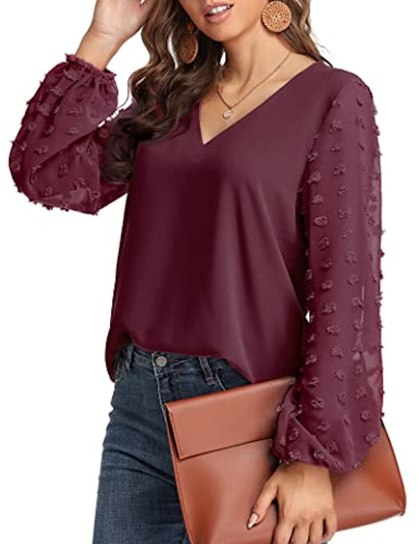 GOORY Women's Balloon Sleeve Chiffon Blouse Top Casual V Neck Swiss Dots Work Shirts, Wine Red M