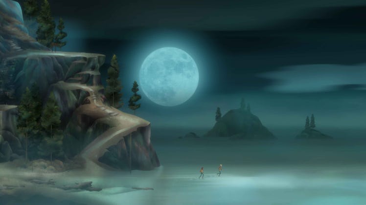 Oxenfree II, Jacob and Riley walking through shallow waters near a cliff with the moon in the night ...