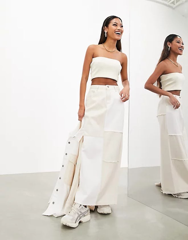 ASOS EDITION Denim Patchwork Maxi Skirt In Cream And White