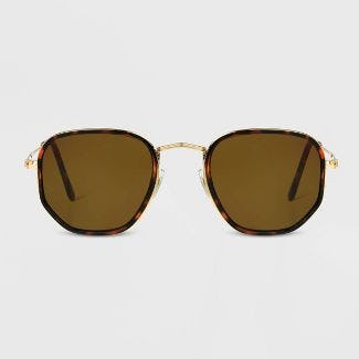 Tortoise Shell Print Narrow Metal Geo Round Sunglasses