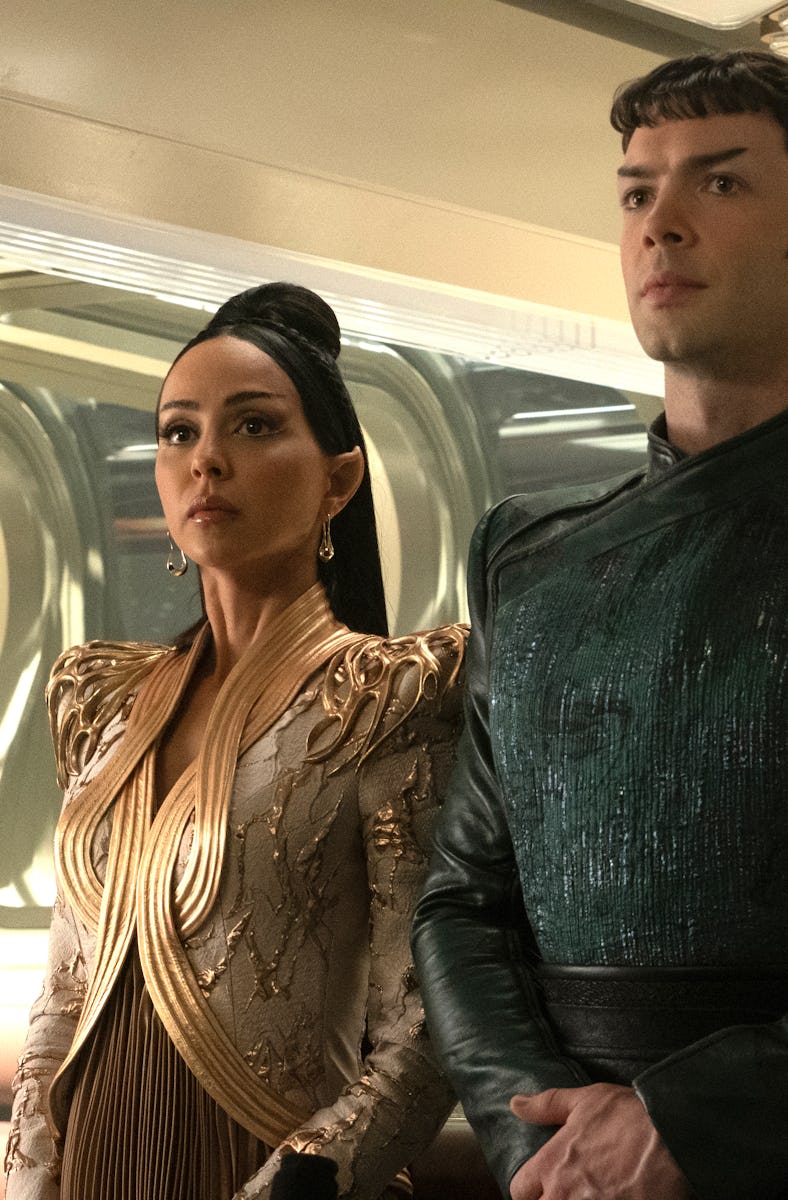 Gia Sandhu and Ethan Peck as T'Pring and Spock in 'Star Trek: Strange New Worlds,' Season 2, Episode...