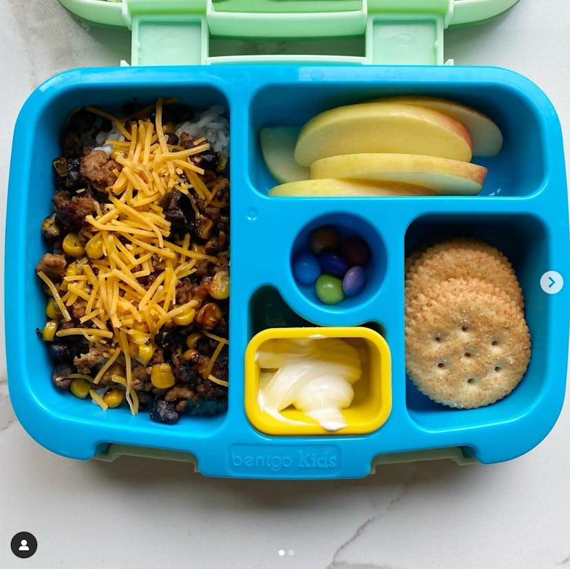A bento box taco lunch in a story about school lunch ideas.