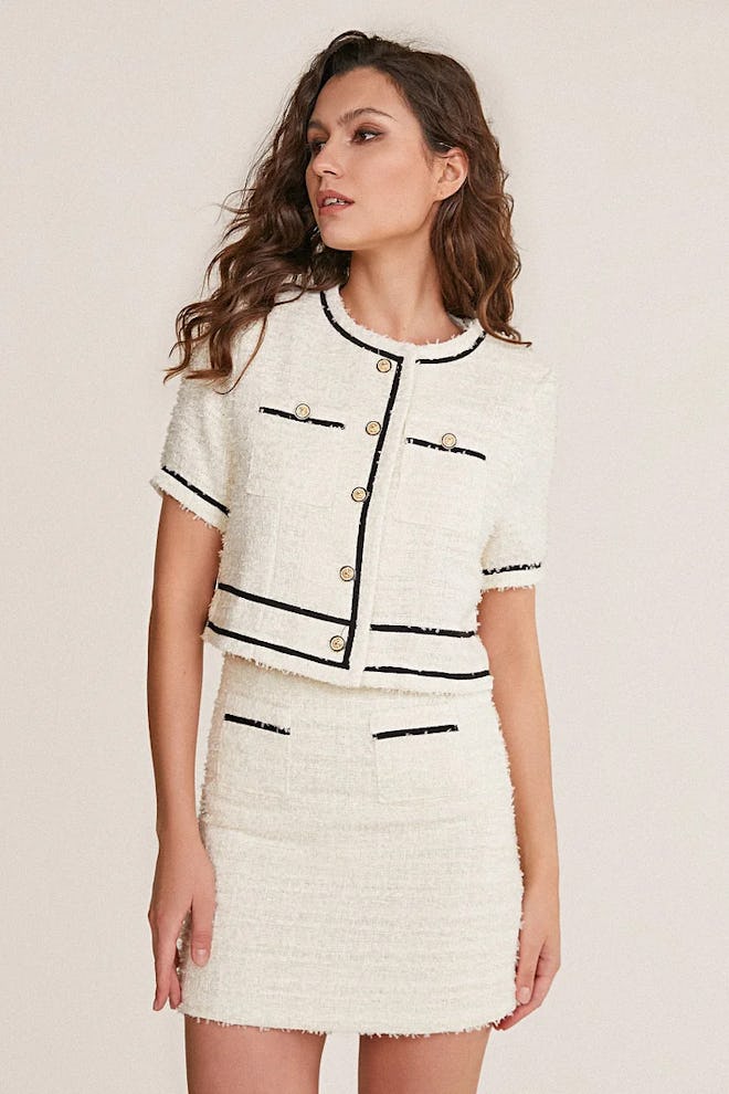 Ivory Tweed Frayed Contrast Trim Jacket & Mini Skirt Two-Piece Set
