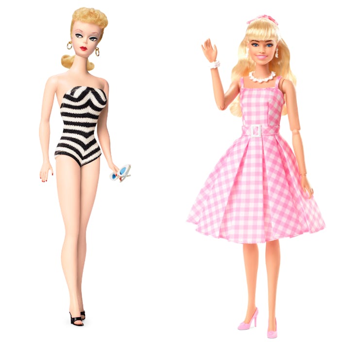 A Barbie from 1959 and another from 2023.