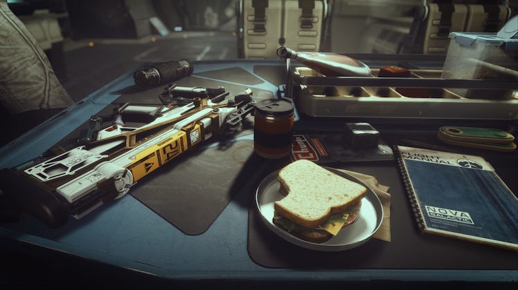 Half-eaten sandwich and gun on a table in Starfield