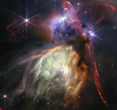 an image of clouds in space, dotted with stars. The upper right part of the group of clouds is in sh...