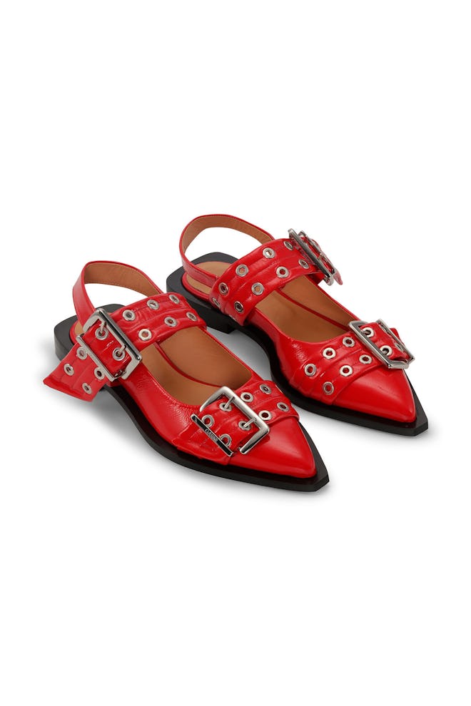 Red Wide Welt Buckle Ballerinas