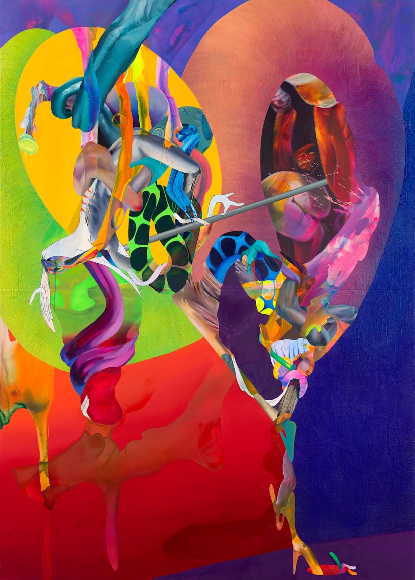 Ilana Savdie, Anquilosis, 2023. Oil, acrylic, and beeswax on canvas mounted on panel