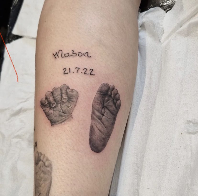 black and white foot and hand tattoos with name and birthdate