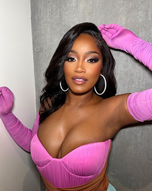 Keke Palmer pink dress with evening gloves