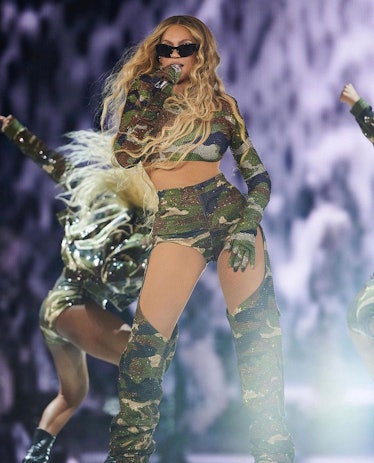 Beyoncé wears a custom Ivy Park sequined camouflage look during the Philadelphia concert of her 'Ren...