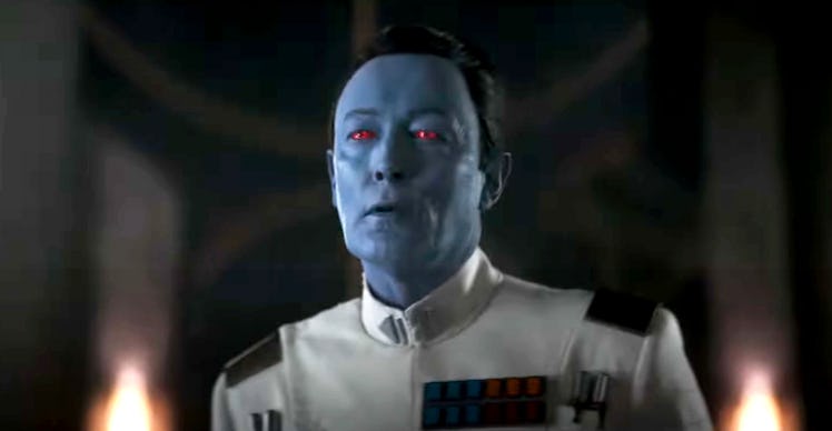 Lars Mikkelsen with blue skin and red eyes, playing Grand Admiral Thrawn in 'Star Wars: Ahsoka.'