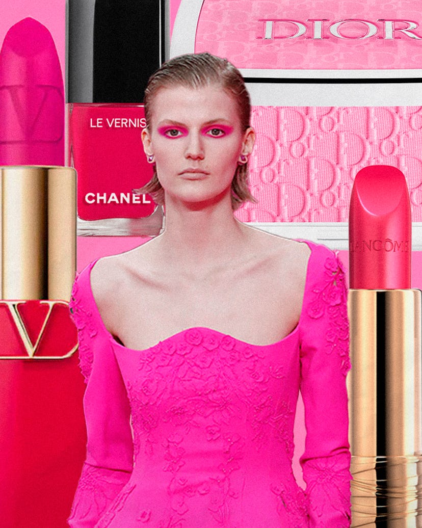 A collage of the best hot pink makeup products and a model with bright pink eyeshadow and dress