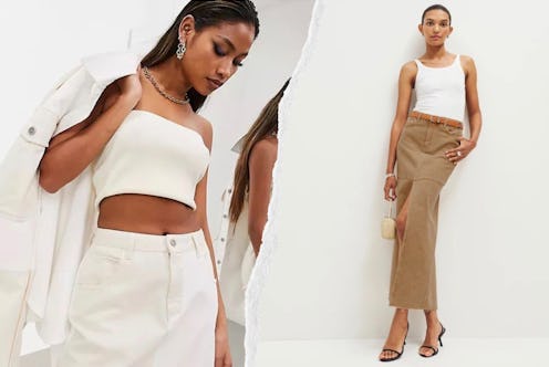 white and khaki denim maxi skirts