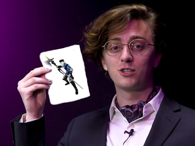 Brian David Gilbert holding a card with a Silvermane Guard from Honkai: Star Rail on it