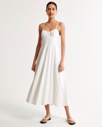 Linen-Blend Sweetheart Midi Dress