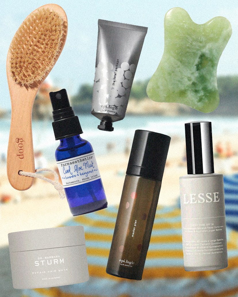 a collage of various beauty products and tools against a blurred background of a beach on a sunny da...