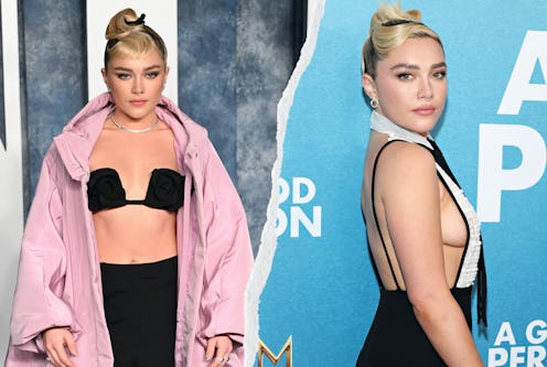 florence pugh in a black bra top with pink cape and white tuxedo gown
