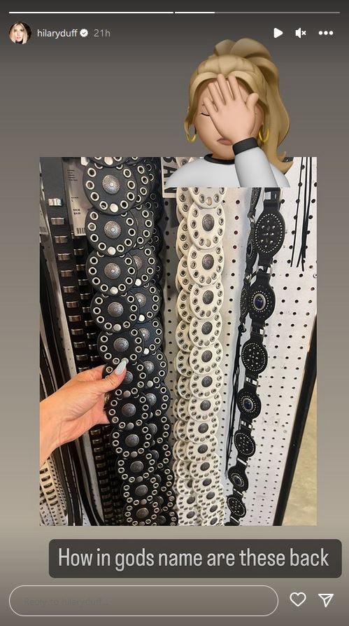 Hilary Duff shared her surprise that studded belts like she once wore are making a comeback in 2023.