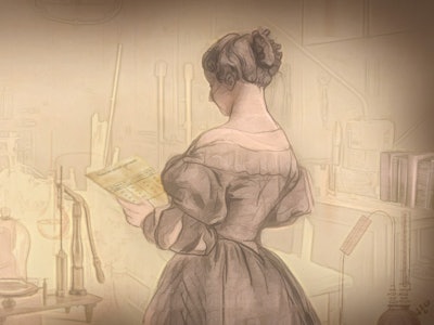 This illustration resembles a pencil sketch. In the scene, a woman from the 1800s has her back to th...