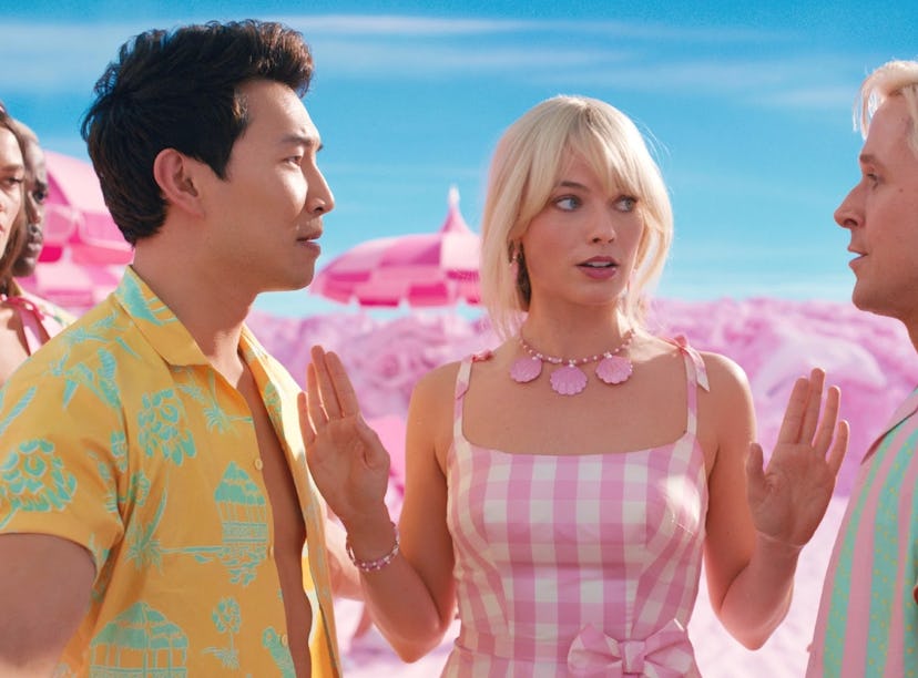 Simu Liu, Margot Robbie, and Ryan Gosling in the 'Barbie' movie.