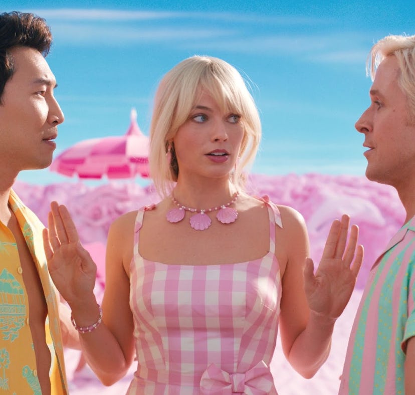 Simu Liu, Margot Robbie, and Ryan Gosling in the 'Barbie' movie.