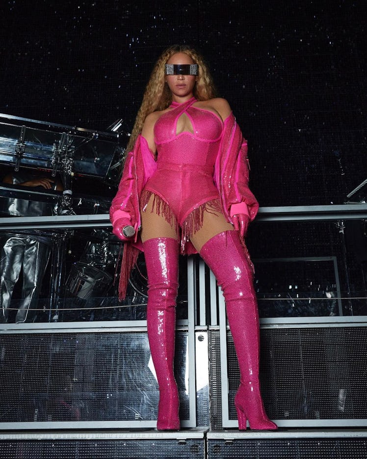 Beyoncé wears a custom Ivy Park pink bodysuit during her Renaissance world tour.
