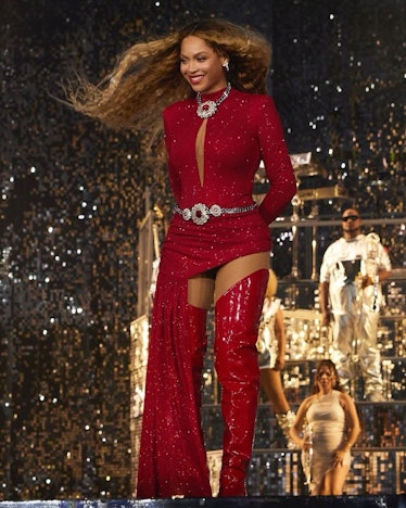 Beyoncé wears a custom red David Koma look during her "Renaissance" world tour.