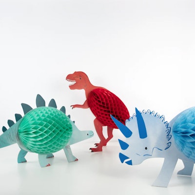  Honeycomb Dinosaur Decorations are the perfect tabletop dinosaur birthday party decorations.