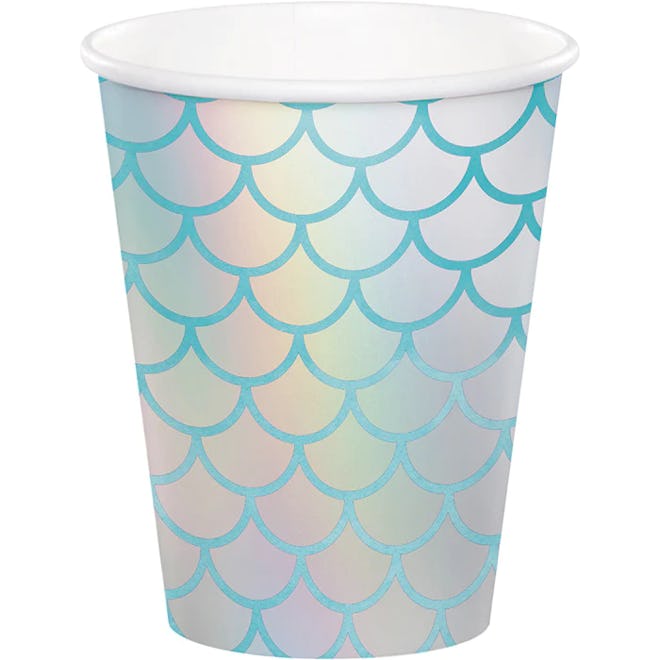 Mermaid scale paper cups, a perfect idea for mermaid birthday party decorations.