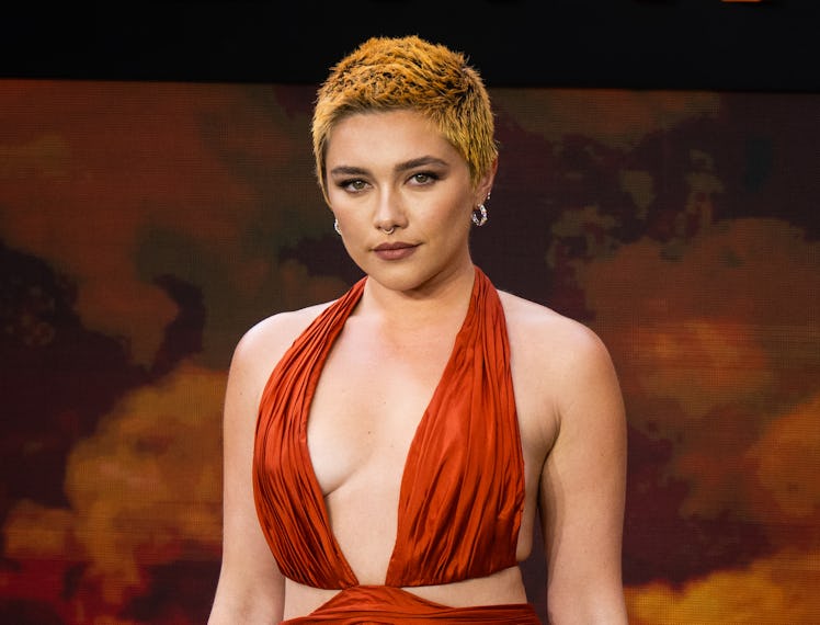 lorence Pugh attends the "Oppenheimer" UK Premiere at Odeon Luxe Leicester Square on July 13, 2023 i...