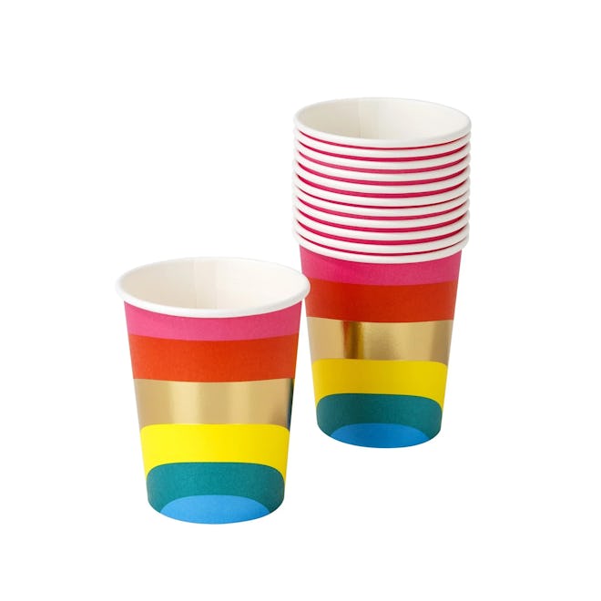 Rainbow birthday party decorations should include cute rainbow paper cups.