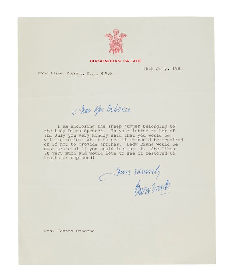 A letter from Princess Diana's private secretary requesting a replacement of her iconic "black sheep...