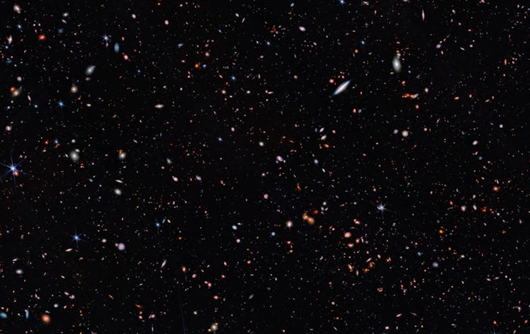 Galaxies of different sizes sparkle across this image. Some are much larger, because they are closer...