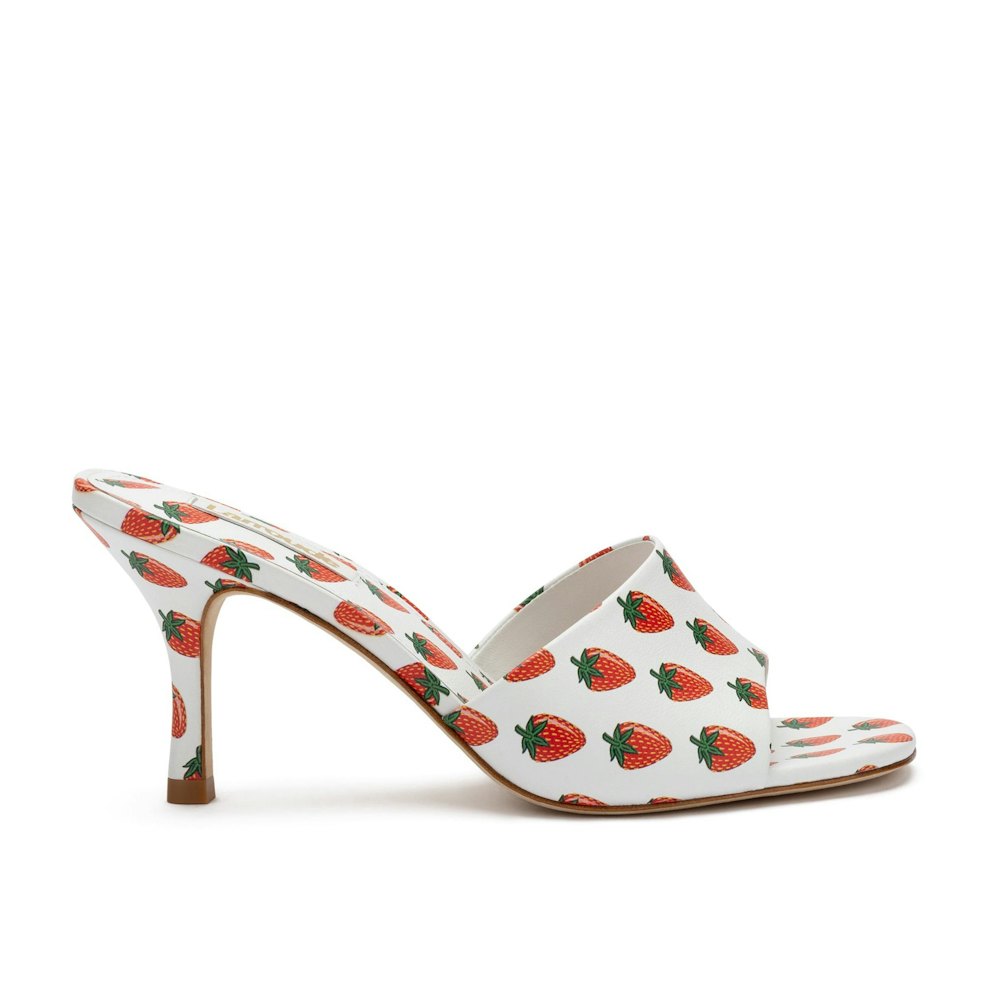 Colette Mule In White and Strawberry Print Leather